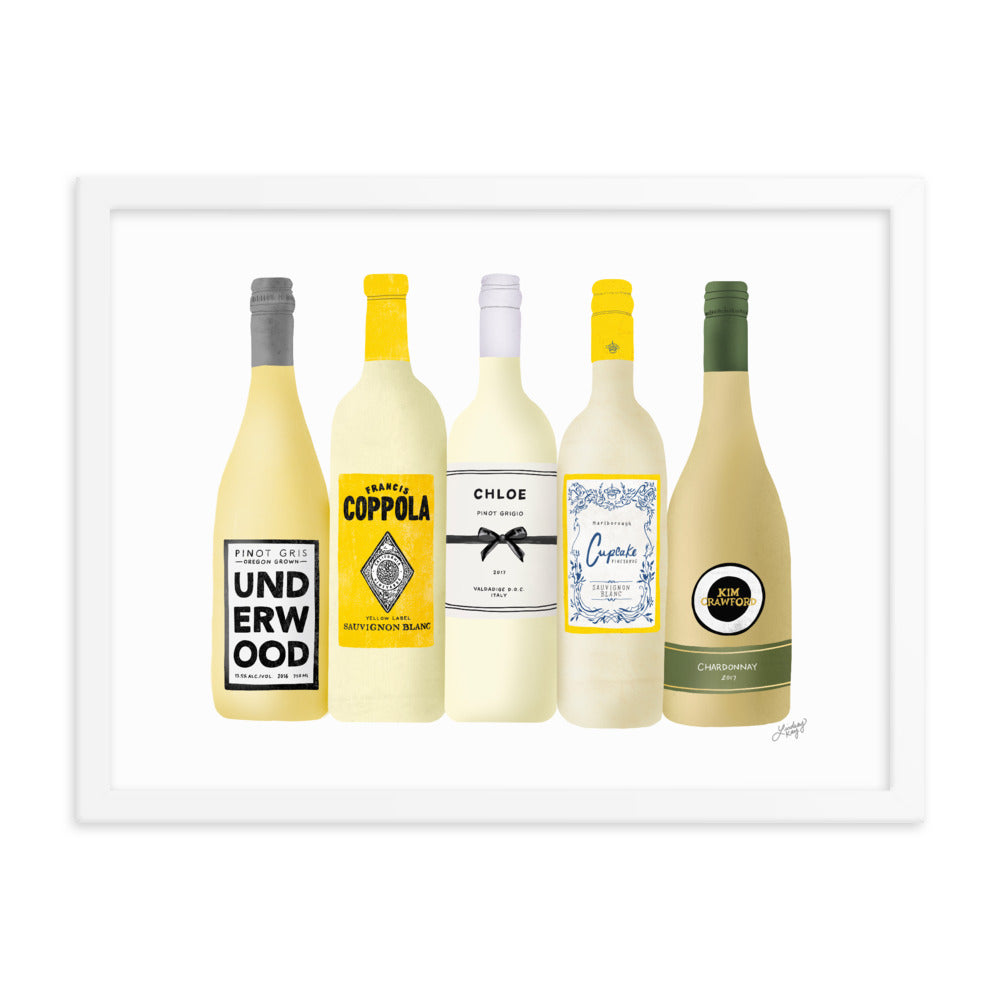 Ilustración de botellas de vino blanco - Impresión mate enmarcada